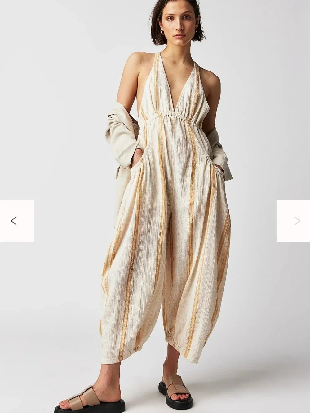 Free People Tan White Stripe Kind Favor Jumpsuit Size XS Cropped Leg W/ Pockets